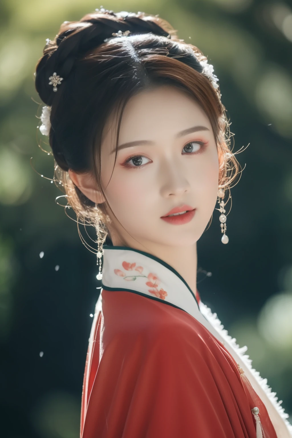 Snowing day, Hanfu women, (Red Hanfu), Upper body portrait, hairpin, Hair Bun, Green Trees, Clear skies, Overhanging part of bridge, dream, Bouguereau reports, Popular on artstationh, Exquisite facial features style, Close-up photo style, 8k, HD, upscale, Practical significance, First-person perspective, Orthognathic，Looking at the audience，flash,