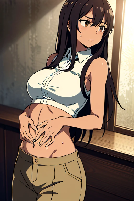 (masterpiece, top quality, best quality), brown skin anime girl with collared sleeveless shirt and trousers, (her chest showing), famished in hunger, (gently resting hands on stomach), (sweating), (long hair), (hands on her stomach)