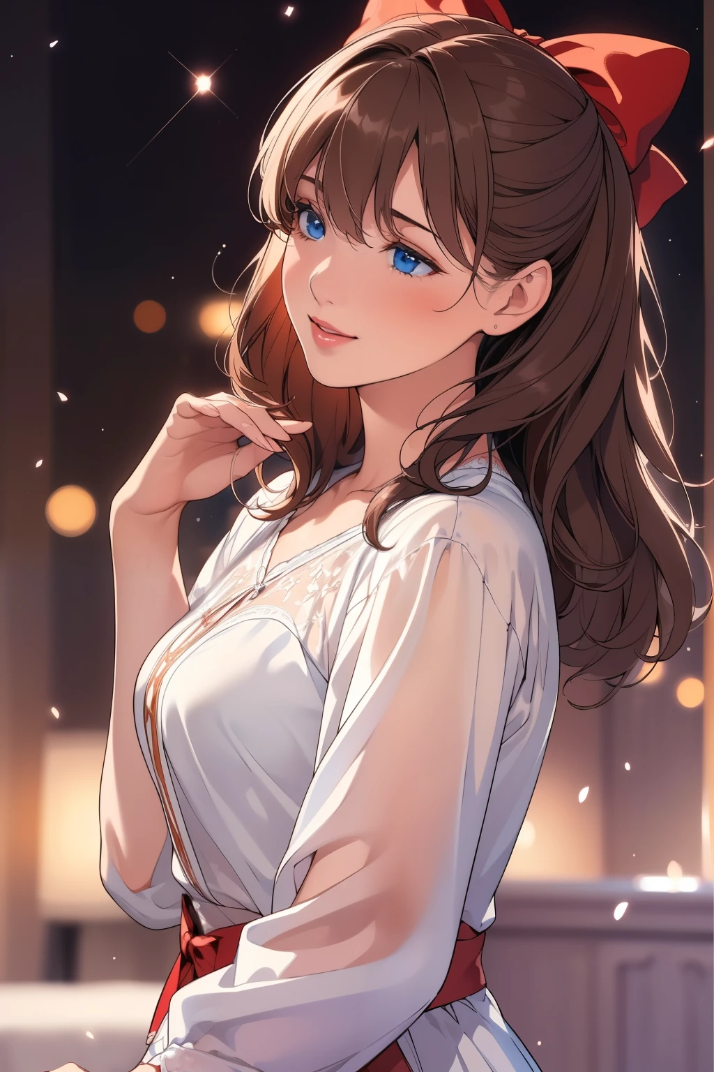(Very delicate and beautiful: 1.2), 1 girl, Bangs, blue eyes, Vague, Vague background, bow, Brown hair, shut up, side view, Hair between the eyes, hair bow, lanthanum, Light Particles, Long sleeve, Watch the audience, Medium Length Hair, night, red bow, Solitary, actor(Symbolism), Upper Body, Smile, Red lips