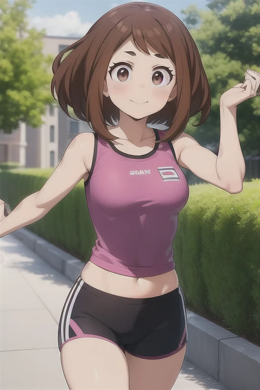 Ochaco Uraraka, walking down an alley, pleasant atmosphere, ultra-detailed, high-quality, 8k, detailed eyes, brown eyes, short hair, brown hair, pink t-shirt, exposed shoulders, exposed belly button, black shorts, tight-fitting shorts, long sports shorts, large bust, voluptuous buttocks, perfect anatomy, the best quality.