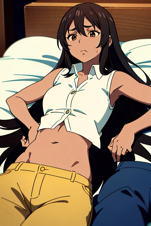 (masterpiece, top quality, best quality), brown skin anime girl with collared sleeveless shirt and trousers, (her chest showing), famished in hunger, (gently resting hands on stomach), (sweating), (long hair), (hands on her stomach), lying down