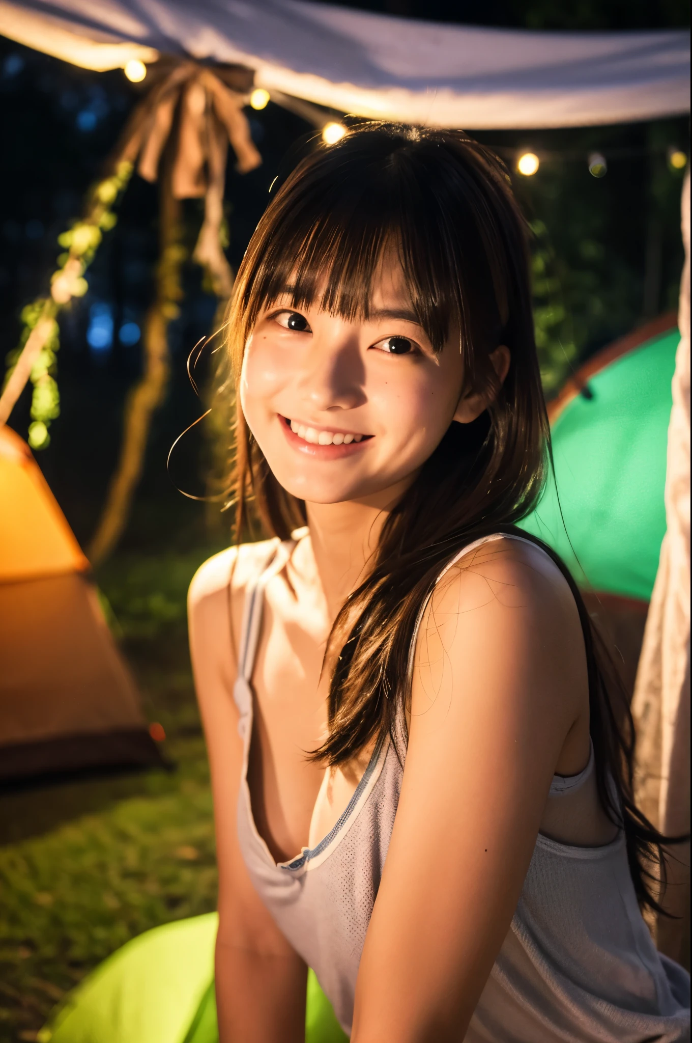 cute, アイドルのようにcute16歳少女、Smiling Kindly、High 、Small breasts、Cleavage、Forest campsite at night、Dim lighting、bonfire、whole body、RAW Photos、Genuine、Real、Realスティック、Raw photo、High resolution、Life、No copyright notice