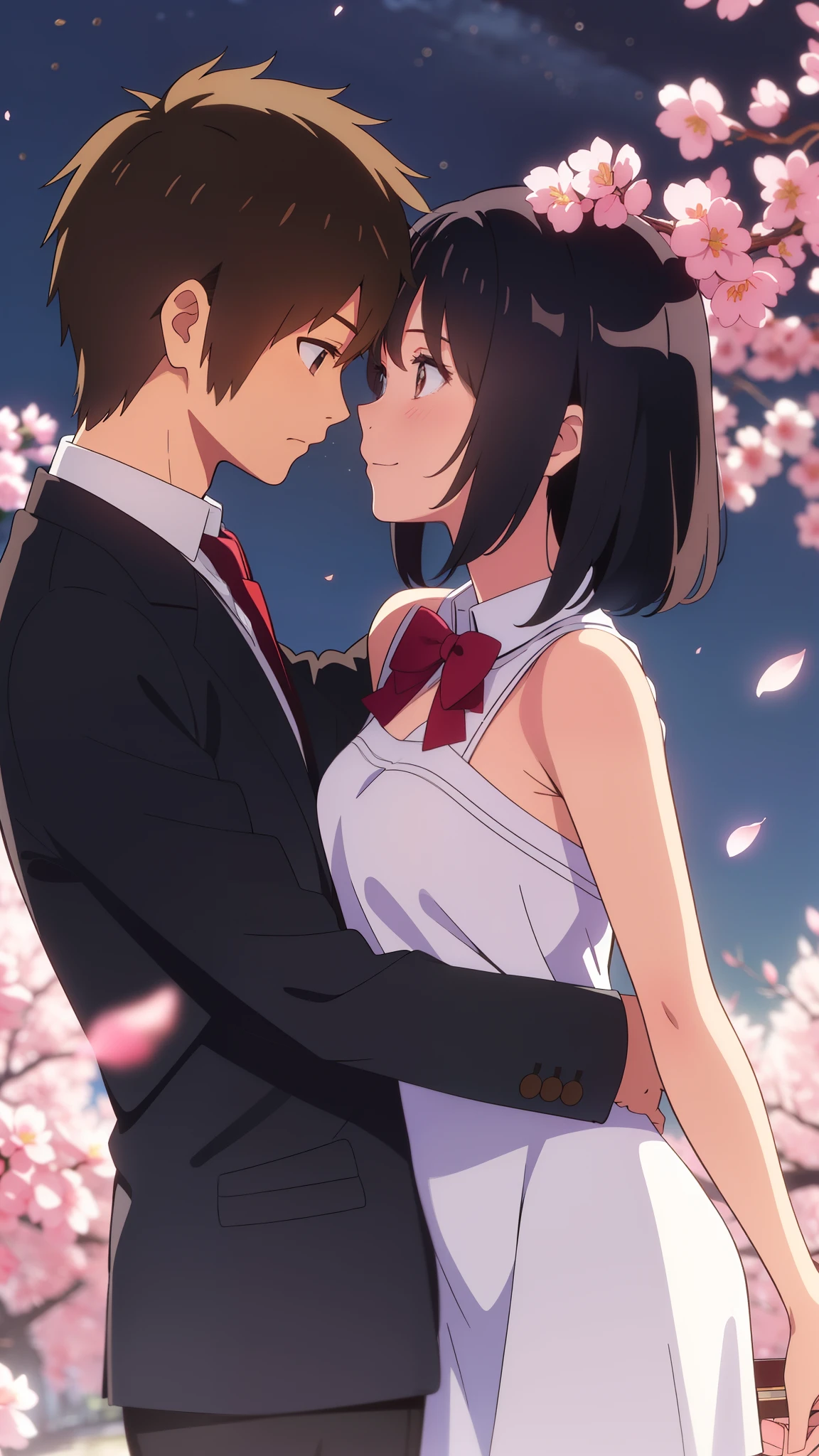 shinkai makoto, kimi no na wa., 1girl, 1boy, bangs, black hair, blush, brown eyes, (boy wear casual clothes), ((girl wear white dress, short dress,  shoulders, skirt), red headband, red bow, red ribbon), short hair, cute, smile, love, couple, adorable, dating, (((face to face))), passionate hug, cherry_blossoms, falling_petals, petals, branch, pink_flower, night, dynamic light, night sky, spring_season, tree, upper body portrait