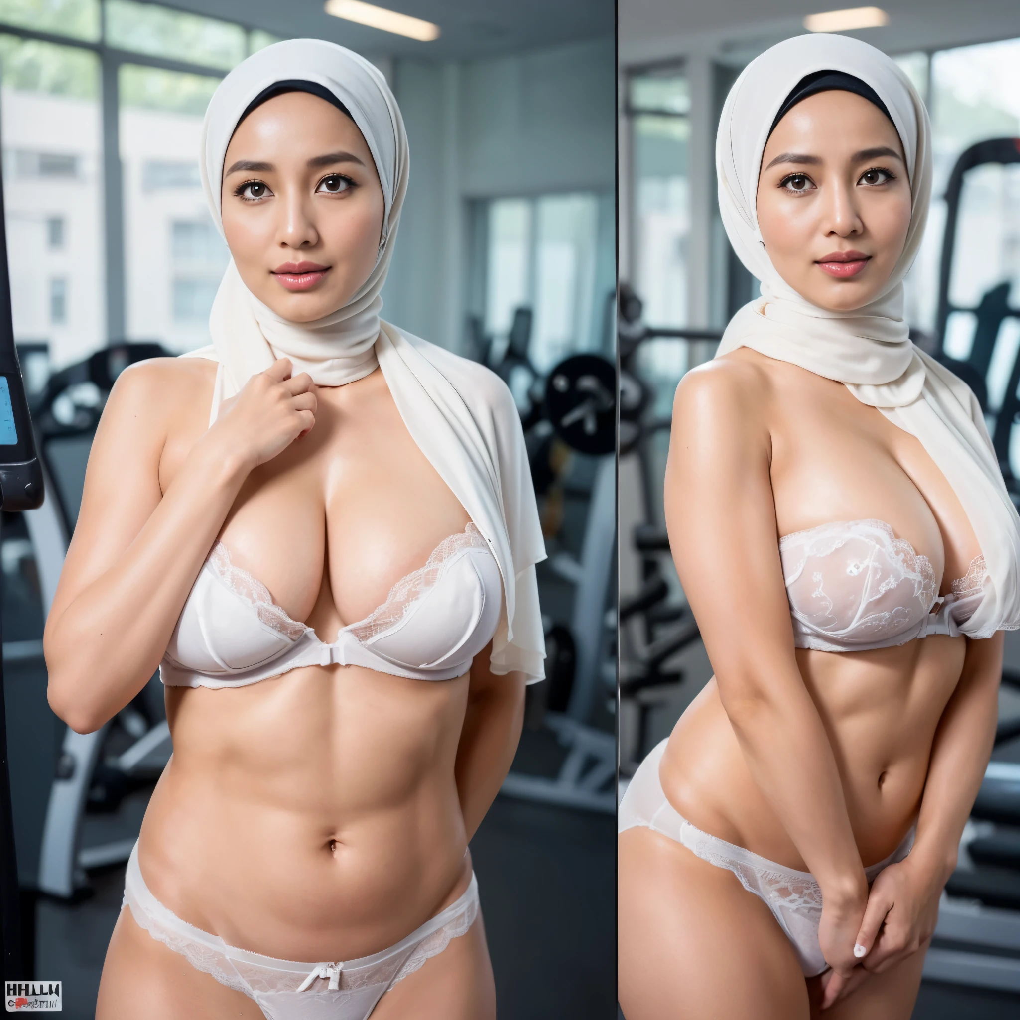 ((1woman)), 42 years Old, ((Sugar Mama)), ((Nerdy Beauty Hijab Indonesian MILF)), ((Sexologist)), (Sensual Lips), (Shiny white Skin), Droopiest Massive Large : 91.8, Lingerie, Polish Nail and face, Full body, Breast about To burst out, Realistic Detailed Perfect abs, at Gym Place, Brigh light, at Day time