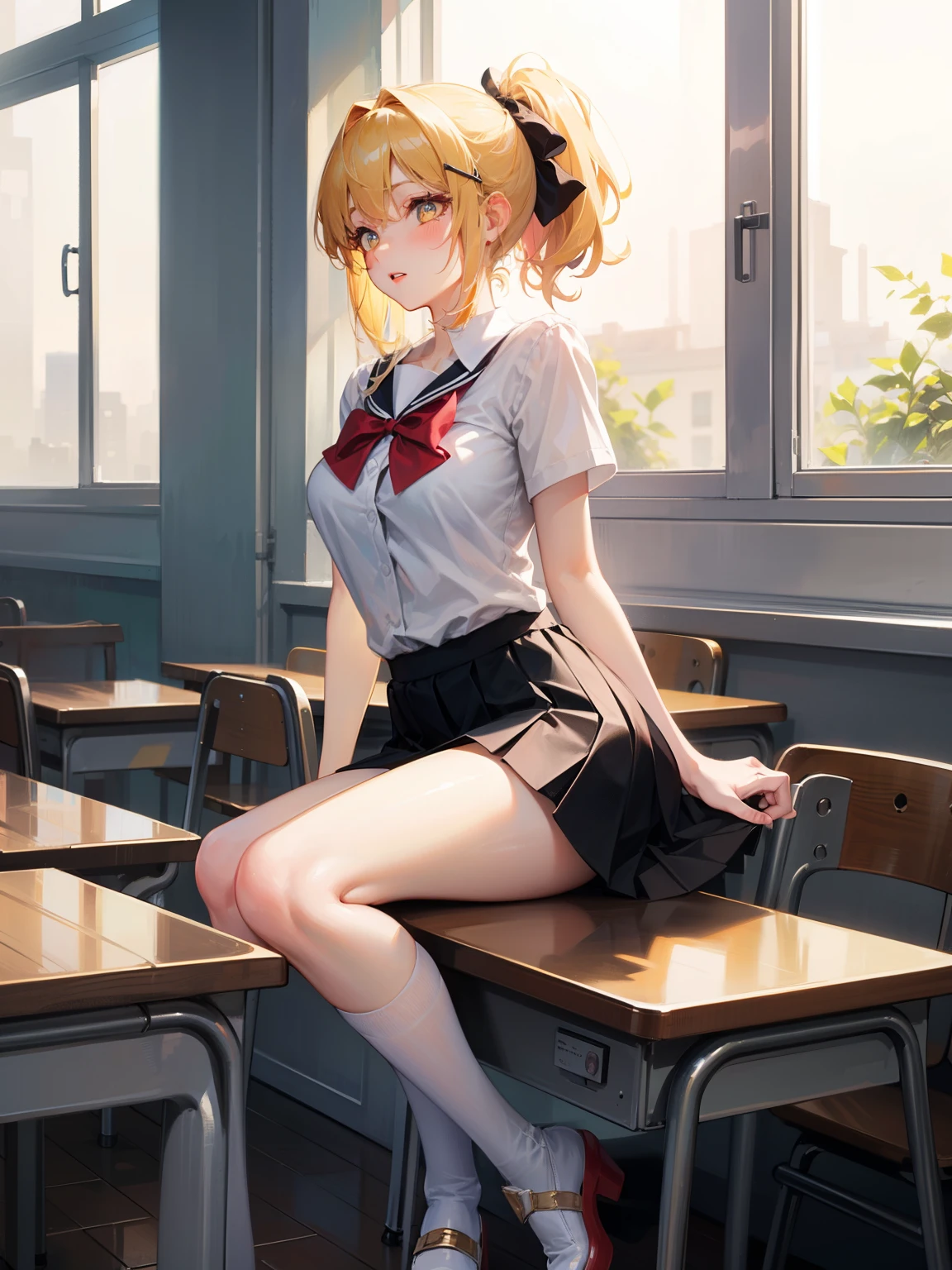 Dynamic posing, dynamic angle,Top quality work,Show Legs,Shiny cream Dress,(short golden hair),ponytail,(golden eyes), lovely red lips, Rose cheeks, Pretty Face, A perfectly proportioned face, school shirt with red bow and black skirt, (school uniform), white stockings,in classroom,full-body view, amazing, Large round chest、Beautiful eye details、(Very slender eyes)、Beautiful eyelashes、beautiful double eyelid, Shy, with blush cheeks,