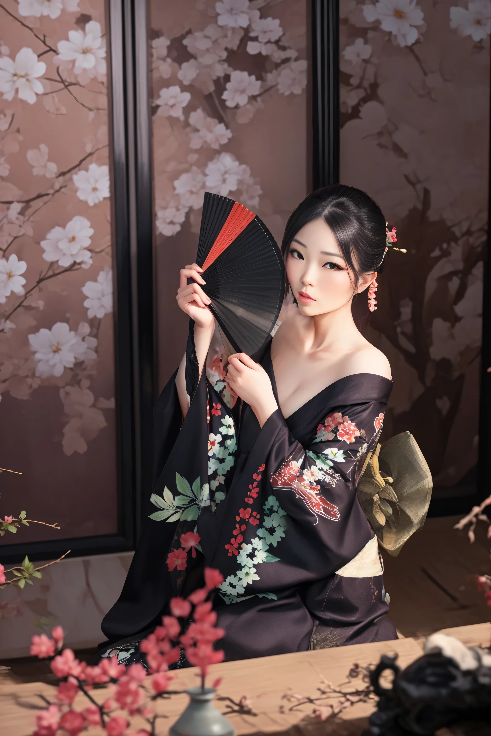 woman in kimono dress holding a fan and looking at the camera, hanfu, palace , a girl in hanfu, with acient chinese clothes, in kimono, wearing ancient chinese clothes, elegant japanese woman, wearing kimono, traditional beauty, japanese kimono, traditional chinese clothing, kimono, traditional geisha clothing, glamorous and sexy geisha, cheongsam, wearing a kimono