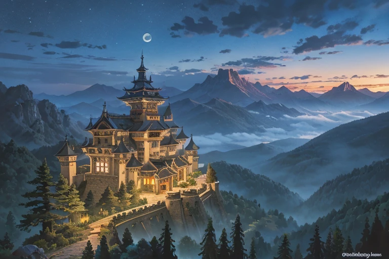 impressive massive ((ghibli)) dark fantasy castle at night, high on the mountain top, rocky mountains, tiled roofs, medieval, many towers, sky passages between towers, clustered towers, balconies, POV