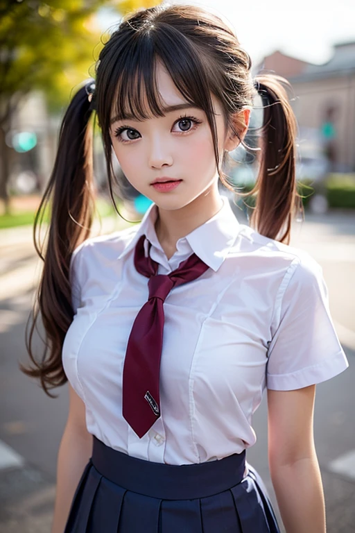 (2girls), ((best Quality)), (Ultra-detailed), (extremely detailed CG unified 8k wallpaper), Highly detailed, High-definition raw color photos, Professional Photography, (twintails), Amazing face and eyes, Pink eyes, (hi-school uniform, pleated mini skirt:1.3), (hi-school uniform with wide open breasts:1.5), beautiful big breasts, bare breasts, (amazingly beautiful girl), (((Bokeh))), depth of fields,