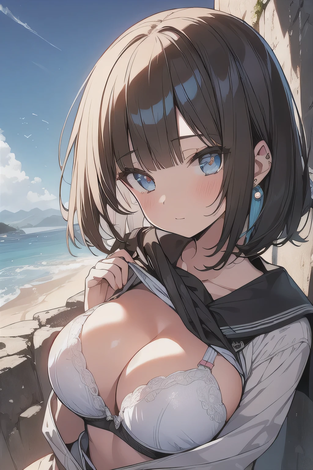 (best quality), (Super detailed), (Best Illustration), (woman), look at viewer, sitting on cliff, {(serafuku:1.2), (clothes lift:1.2), (show off bra:1.3)}, (large breasts), {(detailed eyes), (heart-shaped pupils), blue eyes}, {brown hair, (sideburns), (bob cut:1.3), curly hair, hairs between eyes, colored inner hair}, blush, earring, school