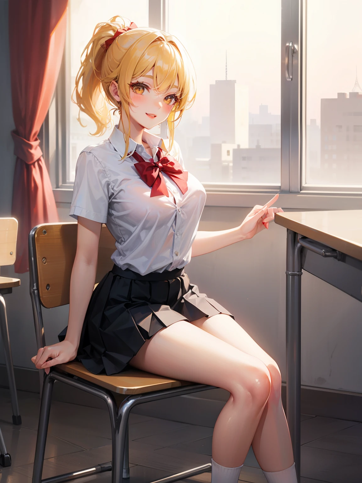 Dynamic posing, dynamic angle,Top quality work，Show Legs，Shiny cream Dress，(short golden hair)，ponytail,(golden eyes), lovely red lips, Rose cheeks, Pretty Face, A perfectly proportioned face, school shirt with red bow and black skirt, (school uniform),  white stockings，in classroom，full-body view， amazing, Large round chest、Beautiful eye details、(Very slender eyes)、Beautiful eyelashes、beautiful double eyelid, Smilling, with blush cheeks,