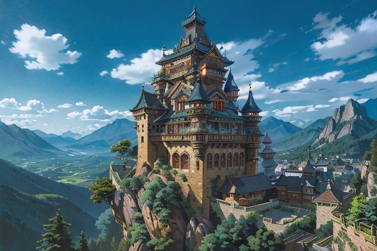impressive massive ((ghibli)) dark fantasy castle at night, high on the mountain top, rocky mountains, tiled roofs, medieval, many towers, sky passages between towers, clustered towers, balconies, POV
