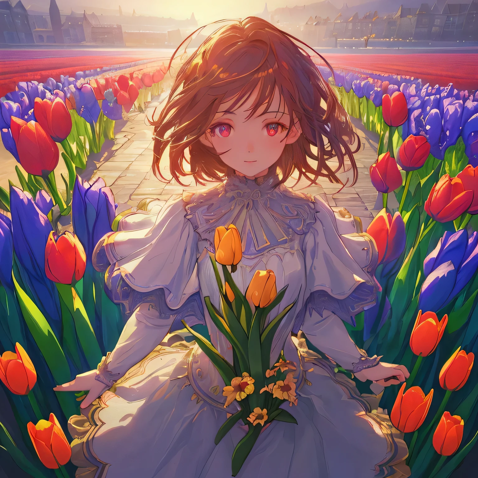 Tulip-themed artwork, ((highest quality)), High resolution, 8k, Cinematic Light, High Contrast, Written boundary depth, Strong brilliance, Detailed Background, One Girl, cute, fine grain, Shining Eyes, Detailed Iris、Europe