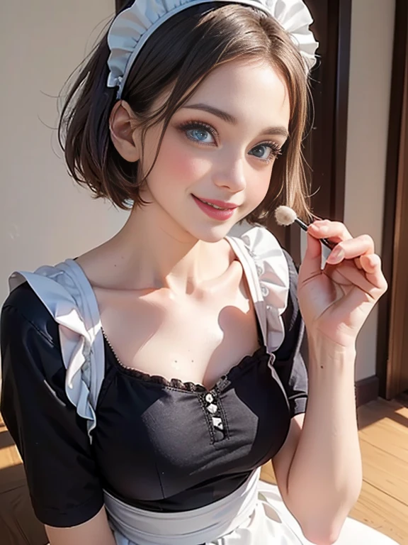 (best quality, 8k, photorealistic:1.5), (solo, one girl:1.5),(shine a bright light on women),(ultimate beautiful girl),(shiny skin),(oily skin),(short hairstyle:1.3),(cool beauty),(Blush brown makeup),(use pink glossy lipstick),(big beady eyes girl:1.5),(droopy eyes girl:1.5),(Big Eyes),(baby face),(healthy body),(sweet smelling girl),(virgin girl),chuuChloe,(impressive eyes:1.5),(clean girl),(cute),(relaxing time),(compassion),(impurity),(love filled),(No love experience),(teenager:1.2),(Lovely),(Maid Costume:1.5),(smile:1.5)