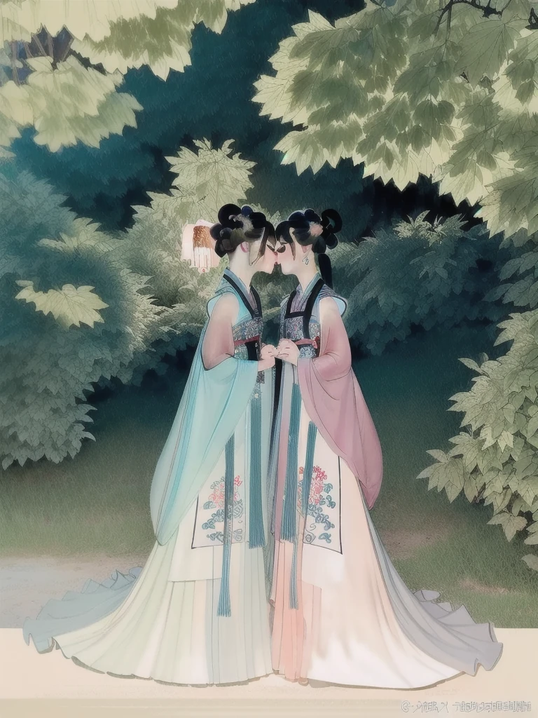 (best quality, masterpiece, Super detailed), (illustration, Detailed lighting), (an extremely delicate and fair), (2 girls kiss each other:1.3), fair, Solitary, (fair detailed eyes), Flowering, Hanfu with Chinese style tassels, Dynamic poses, Dynamic Angle, (fair detailed chinese style architecture), Upper Body, (outdoor), badashanren