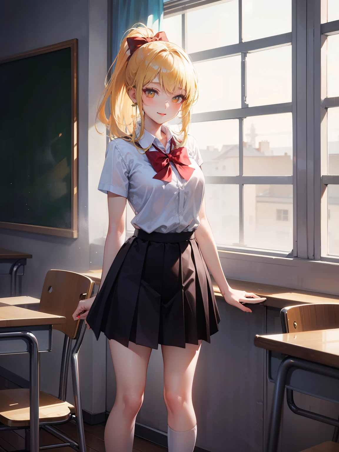 Dynamic posing, dynamic angle,Top quality work,Show Legs,Shiny cream Dress,(short golden hair),ponytail,(golden eyes), lovely red lips, Rose cheeks, Pretty Face, A perfectly proportioned face, school shirt with red bow and black skirt, (school uniform), white stockings,in classroom,full-body view, amazing, Large round chest、Beautiful eye details、(Very slender eyes)、Beautiful eyelashes、beautiful double eyelid, Smilling, with blush cheeks,