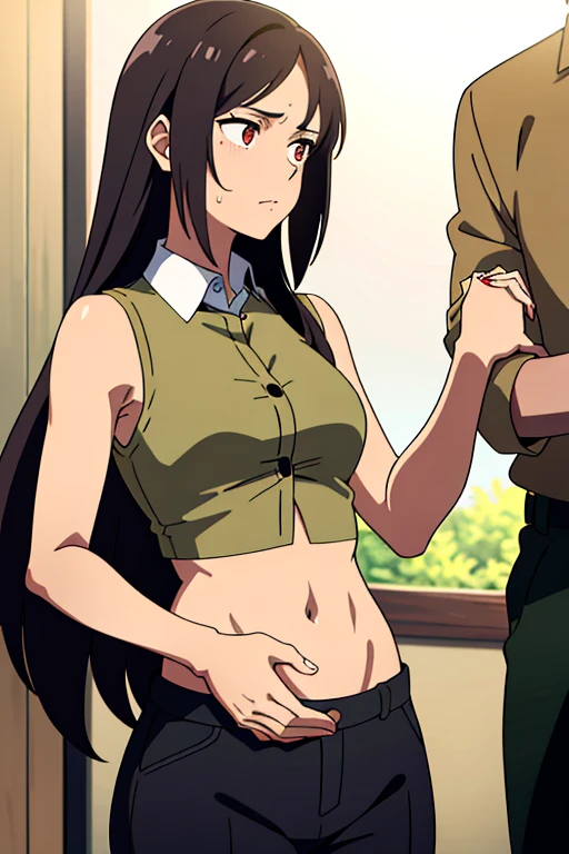 (masterpiece, top quality, best quality), brown skin anime girl with collared sleeveless shirt and trousers, (her chest line showing) (button open), famished in hunger, (gently resting hands on stomach), (sweating), (long hair), (hands on her stomach)