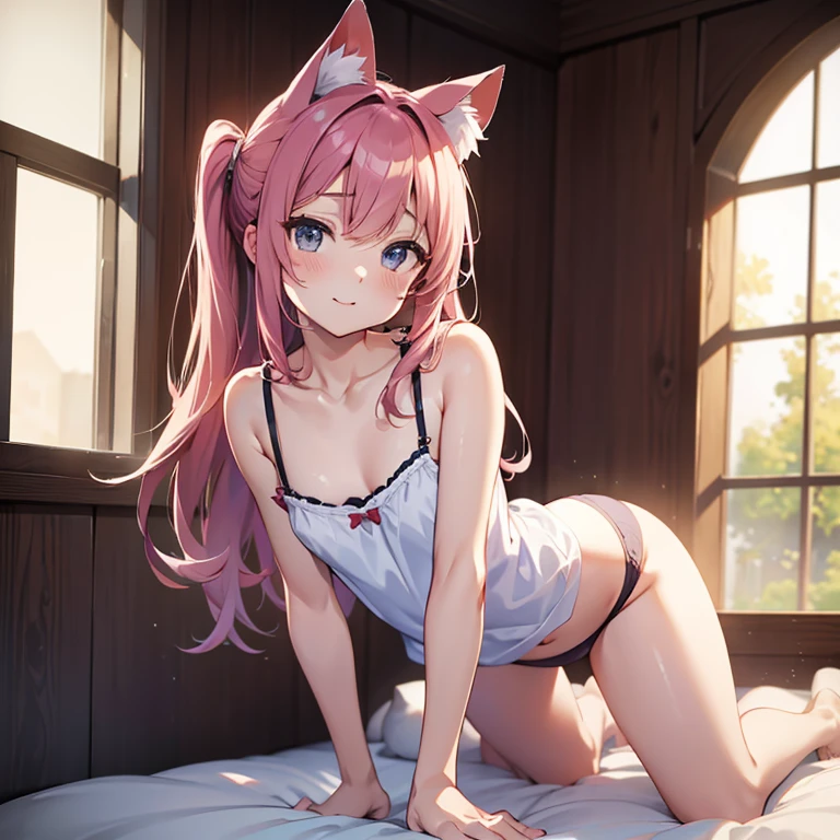 highest quality、Super resolution video、8K、Delicate depiction、１Cat-eared girl、Oversized camisole、Panties、The hairstyle and hair color change randomly.、Sexy pose、Small breasts（:1.6）、Estrus、