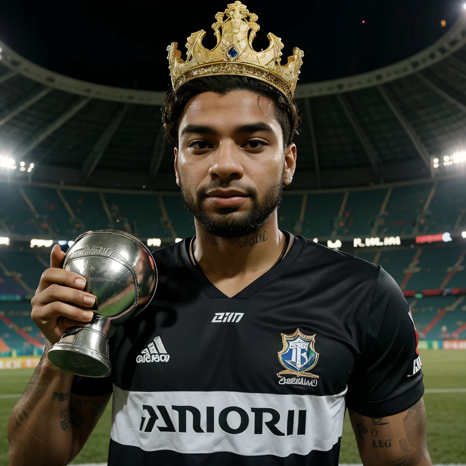 Gabigol holding the Libertadores Cup at Maracanã with Flamengo shirt and crown on his head, e em volta urubus e a favela