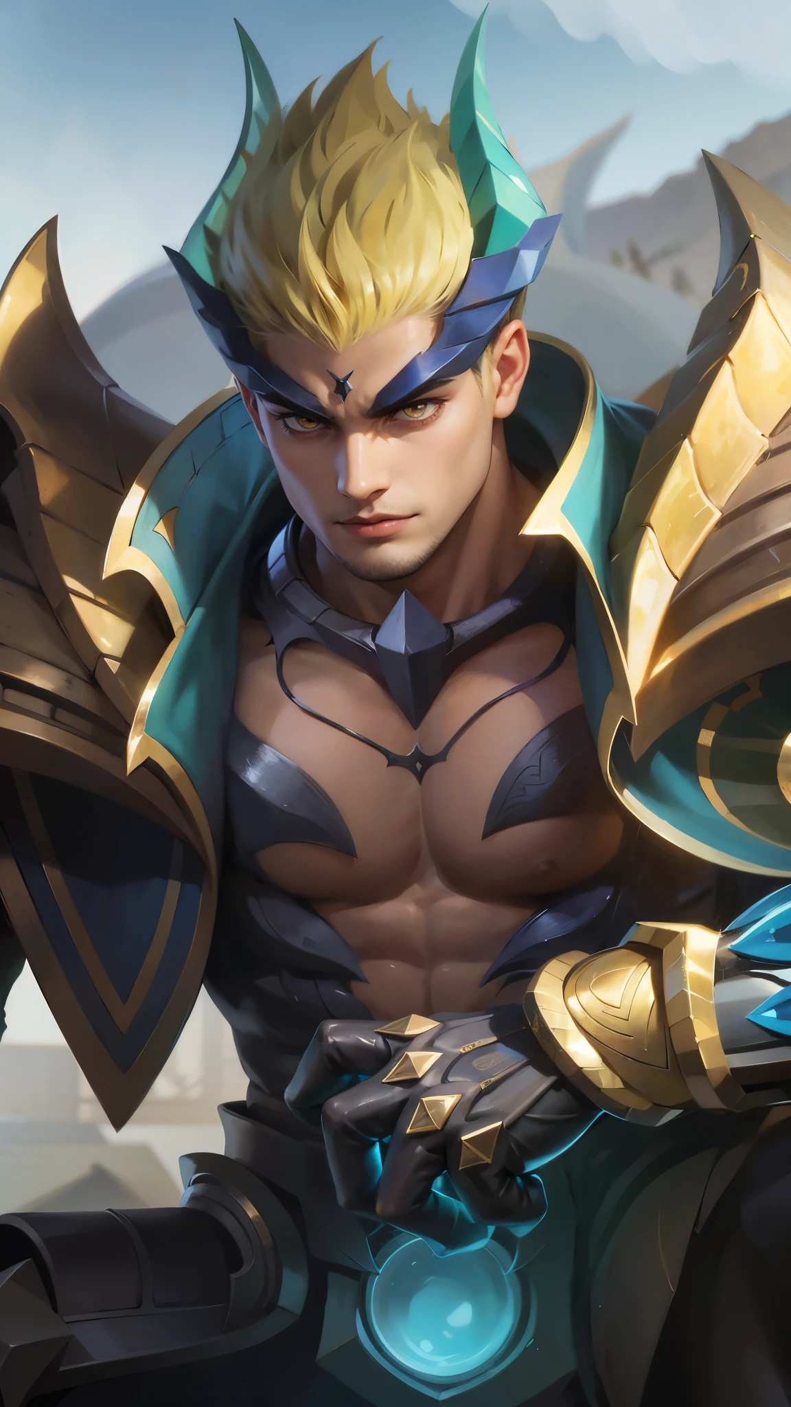 a close up of a man with a sword and armor, gilgamesh, portrait of dragoon, casimir art, roguish smirk, sylas, official splash art, mobile legends, Best quality, masterpiece, detailed skin texture, detailed clothes texture, detailed face, super detail, 8k, intricate detail, 1 boy, The color doesn't change, Muscle guy, 1 guy, yellow eyes.