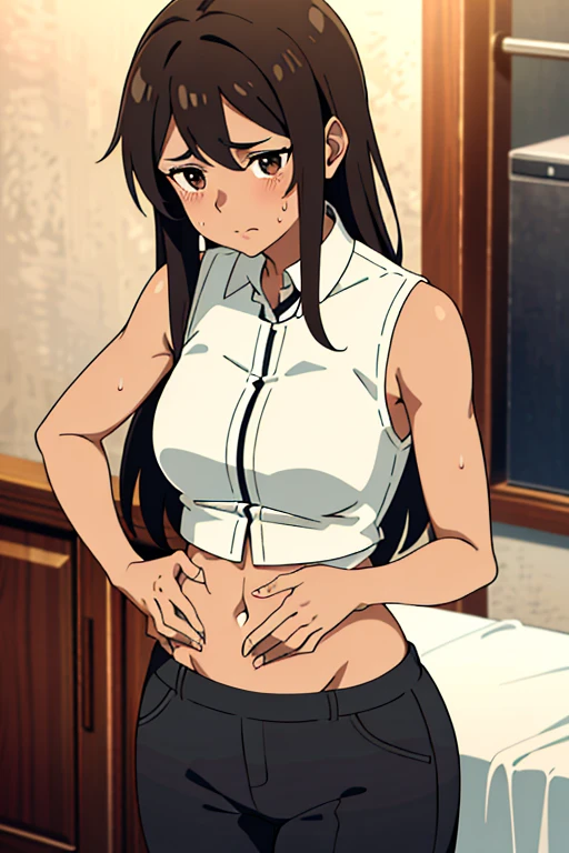 (masterpiece, top quality, best quality), brown skin anime girl with collared sleeveless shirt and trousers, (her chest line showing), famished in hunger, (gently resting hands on stomach), (sweating), (long hair), (hands on her stomach)