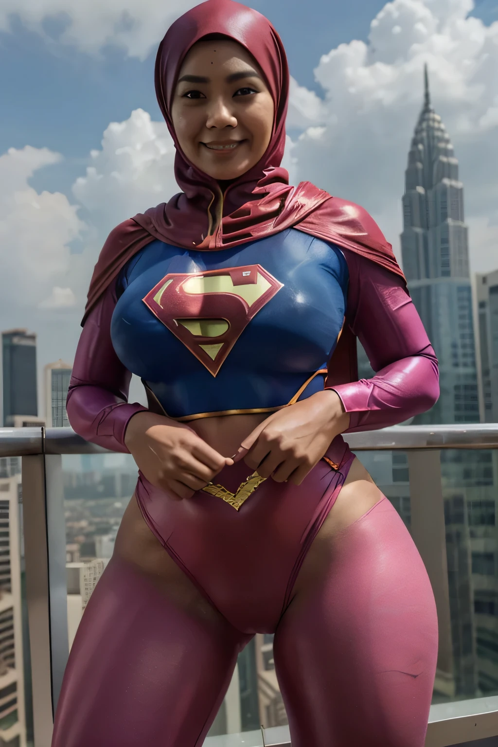 Malay girl wears an superman cosplay。pink superman suit A smile Constriction Gorgeous curvy fit body shape ((nice cameltoe pov)) ((huge thighs)) aggressive pose wear hijab klcc Marvel on rooftop of building thunderstorm sky