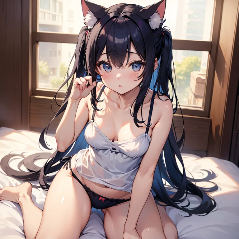 highest quality、Super resolution video、8K、Delicate depiction、1Cat-eared girl、Oversized camisole、Panties、The hairstyle and hair color change randomly.、Sexy pose、Small breasts(:1.6)、Estrus、