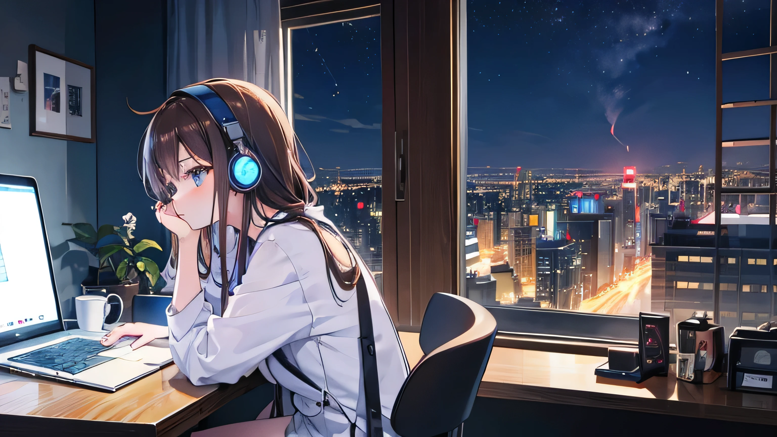 figure, Japanimation Style, super high quality, night, Crescent Moon, Tokyo, Japanese, Brown Hair,、Light blue loungewear, machine、cute, beautiful girl, profile, My Room, Machine by the wall, sitting on a chair looking at a laptop, The laptop screen is slightly visible, Takeaway coffee cup on the machine, Listening to music through headphones, The window is open, Desk lamp light,