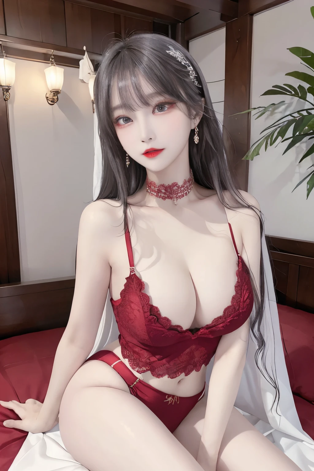 Top image quality、Raw photography、A high resolution、20-year-old cool Korean、big round chest、short thin silk coat、sexy red lace underwear、Beautiful Eyes of Details、very elongated eyes、Beautiful eyelashes、Beautiful double eyelids、eyeshadows、 wearing super tight mini boxers,long legs,medium thighs, beautiful eyes finely detailed、elongated eyes、long eyeslashes、Beautiful double eyelids、eyeshadows、earrings、shiny white skin、