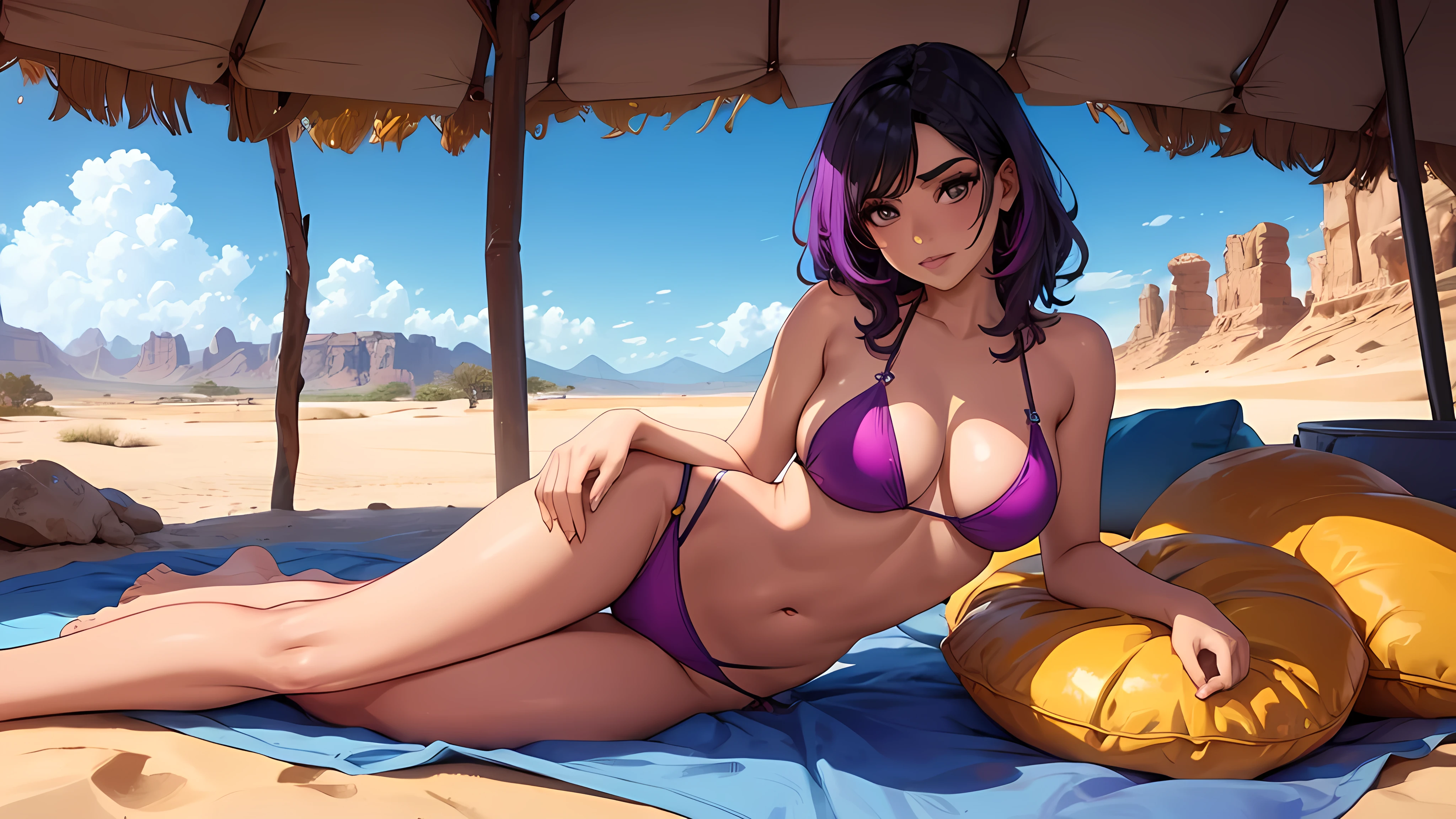chica en bikini violeta en el medio del desierto. paisaje hermoso. obra maestra