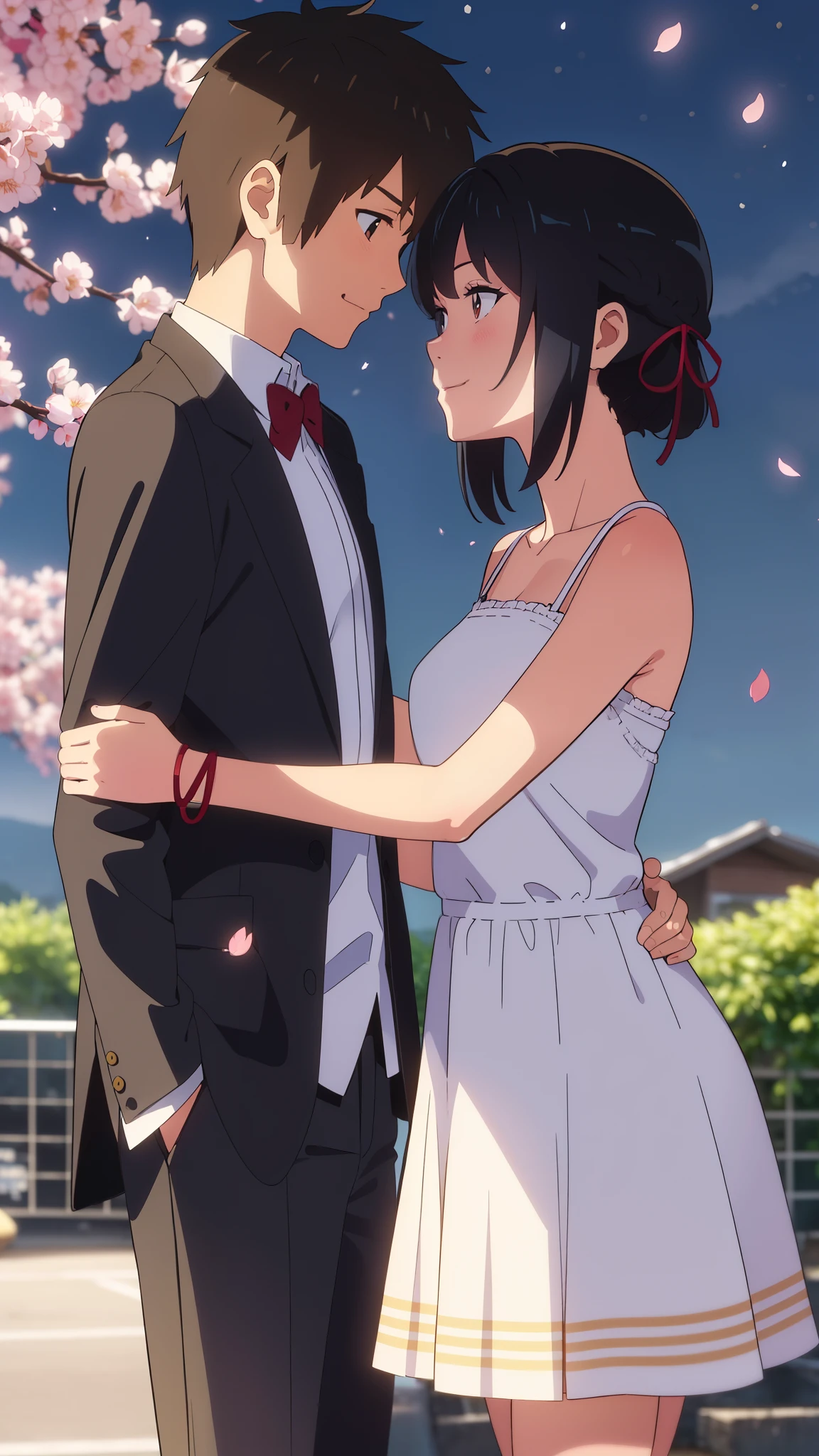 shinkai makoto, kimi no na wa., 1girl, 1boy, bangs, black hair, blush, brown eyes, (boy wear casual clothes), ((girl wear white dress, short dress, bare shoulders, skirt), red headband, red bow, red ribbon), short hair, cute, smile, love, couple, adorable, dating, (((face to face))), passionate hug, cherry_blossoms, falling_petals, petals, branch, pink_flower, night, dynamic light, night sky, spring_season, tree, upper body portrait