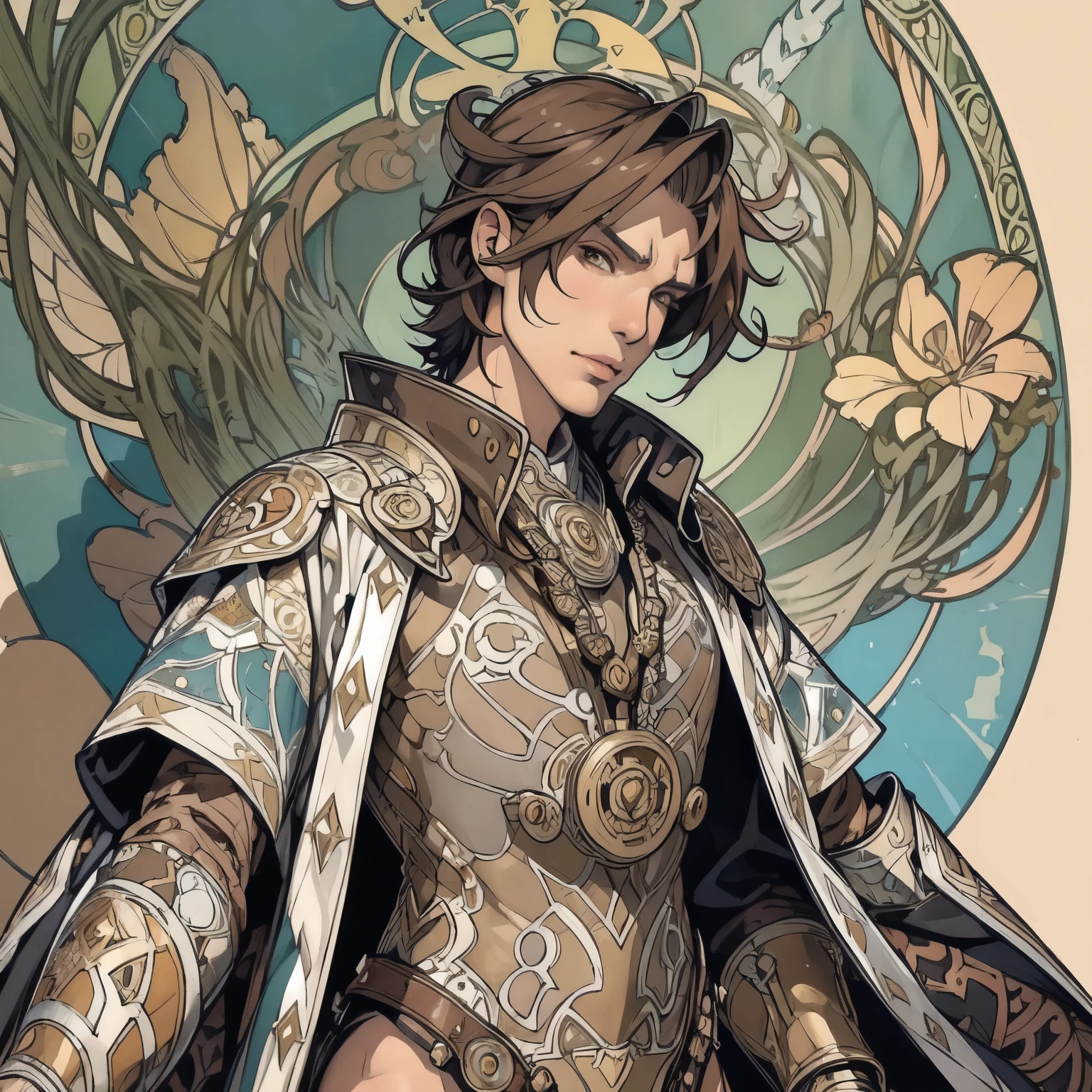 ((Detailed face)),((Mucha's style)),(portrait),((1 male)),forehead,((Heavily armoured warrior)), (cowboy shot:1.6)
