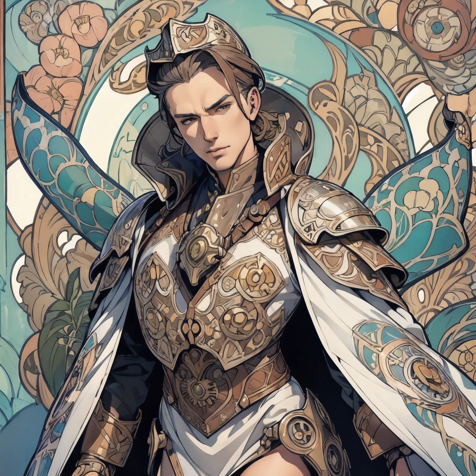 ((Detailed face)),((Mucha's style)),(portrait),((1 male)),forehead,((Heavily armoured warrior)), (cowboy shot:1.6)