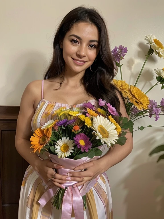 Make a picture of a pretty, dark-haired Latina smiling mom about 30 years old receiving a very large, modern flower arrangement in a modern vase. The flowers should only be in colors pink, orange, purple, yellow multicolored gerberas daisies. The flowers must be bigger than the woman. Several flower colors: pink, orange, white, yellow, lilac. Golden hour lighting.  Make it Hyper realistic . Ultra high definition 4k