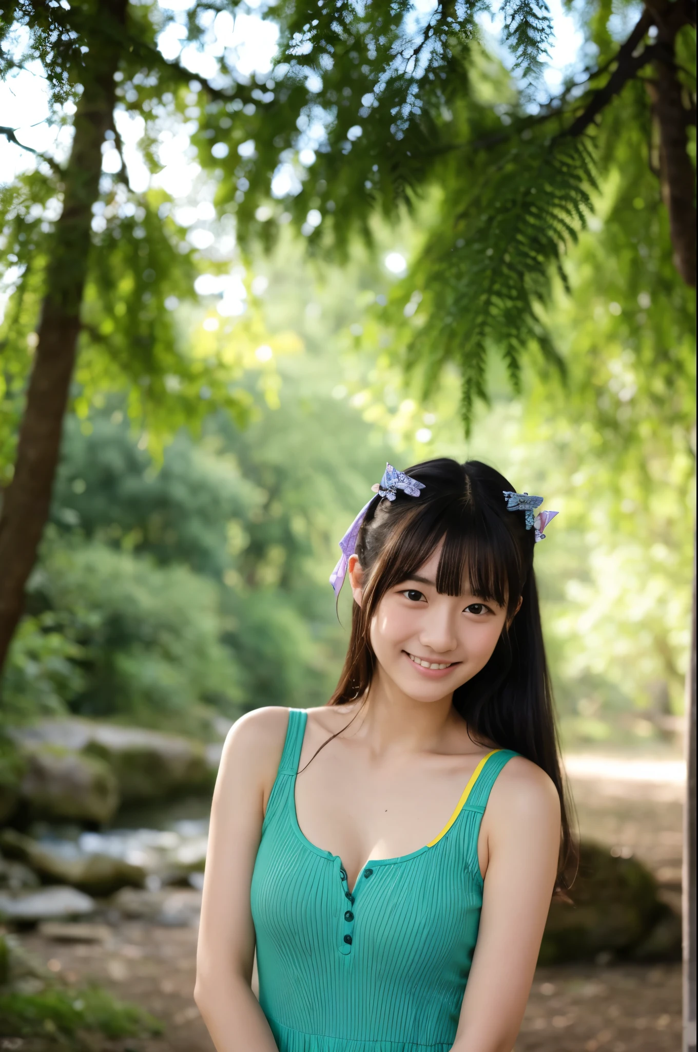 cute, アイドルのようにcute16歳高校生、Smiling Kindly、High school suburban classes、Cleavage、Small breasts、Forest Campsite、Dim lighting、whole body、RAW Photos、Genuine、Real、Realスティック、Raw photo、High resolution、Life、No copyright notice