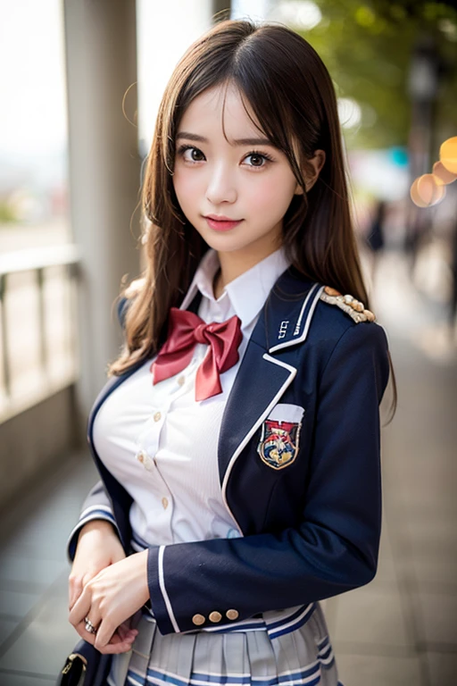 (girl person)、((highest quality))、(Super detailed)、(Very detailedCG統合8k壁紙)、Very detailed、High-resolution raw color photos、Professional photos、(Semi-long hair)、Great face and eyes、Pink Eyes 、(uniform、Pleated mini skirt:1.3)、(胸が大きく開いたuniform:1.5)、Beautiful big breasts、Raw milk、(Amazing Beautiful Girl)、(((Bokeh)))、Depth Field、