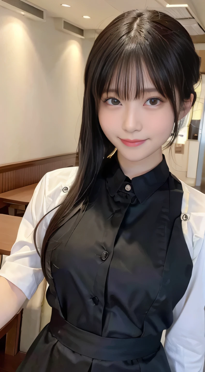 (highest quality,masterpiece:1.3,ultra high resolution,),(Super detailed,caustics),(Photoreal:1.4,RAW shooting,)ultra-realistic capture,very detailed,High resolution 16K human skin close-up。 natural skin texture、,The pores are、、、、Must be detailed enough to be easily identified。 Skin should look even-toned and healthy。 Use natural light and color,restaurant,waitress uniform,1 girl,Japanese,18-year-old,cute,black haired,ponytail,big breasts,smile,turn your body forward,(Front view:1.1),look at the camera,cowboy shot,
