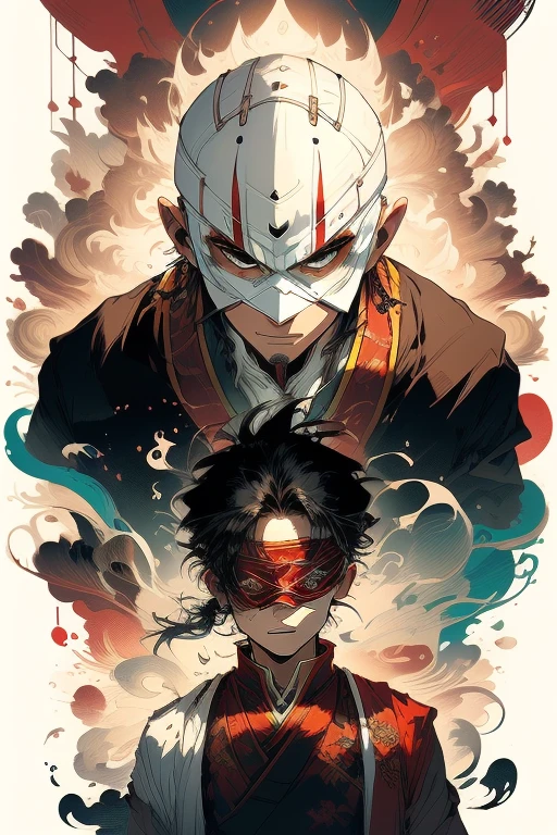 1boy, airbender, airpowers, white air, young, blind, blindfolded, no hair, bald, air powers, monk clothes, brown clothes, anime style, avatar the last airbender style, masked