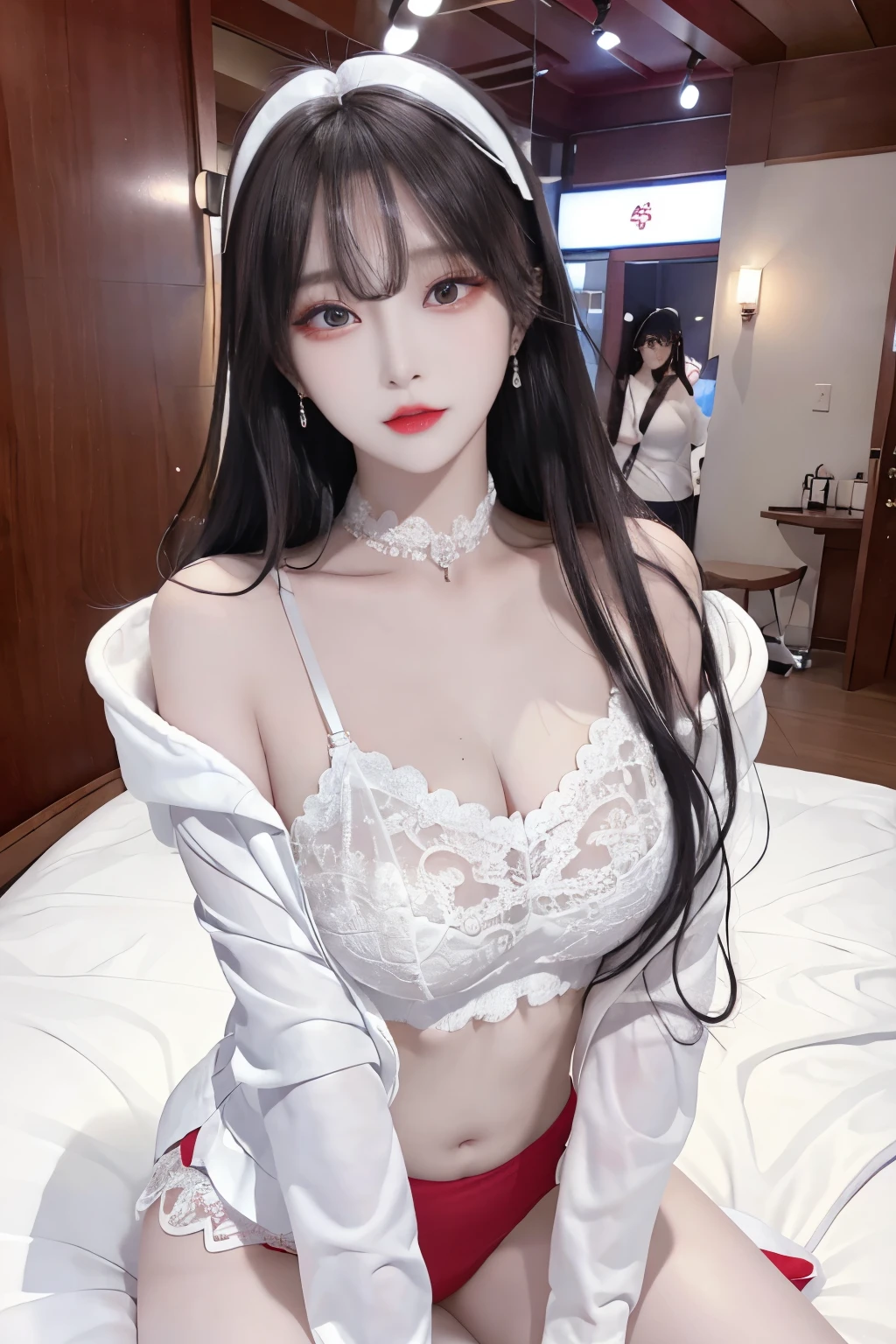 Top image quality、Raw photography、A high resolution、20-year-old cool Korean、big round chest、short thin white silk jacket、sexy red lace underwear、Beautiful Eyes of Details、very elongated eyes、Beautiful eyelashes、Beautiful double eyelids、eyeshadows、 wearing super tight mini boxers,long legs,medium thighs, beautiful eyes finely detailed、elongated eyes、long eyeslashes、Beautiful double eyelids、eyeshadows、earrings、shiny white skin、