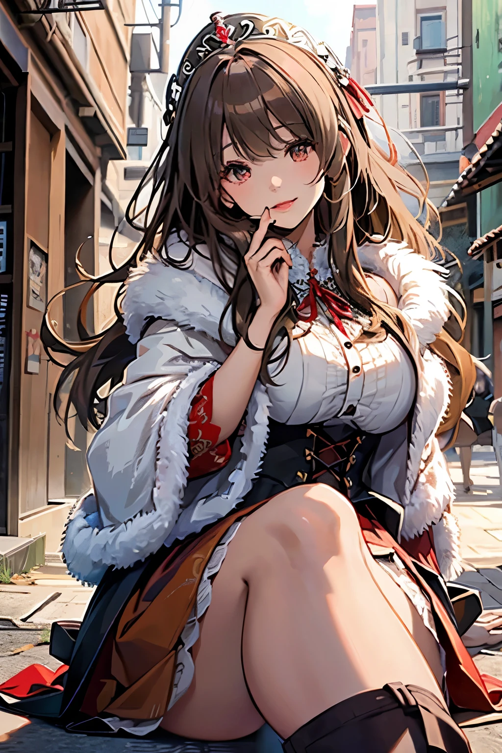 (work of art) master piece, Detailed eyes, detailed lips, innocent smile, long fur jacket in black, a medieval dress in white and red, with a super voluminous skirt, full princess skirt, high collar, which covers the body from neck to toe, covered neck