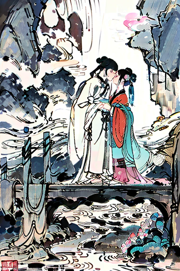 Chinese Ink Painting,peak,flowing water,Small bridge,,1 man 1 woman，kiss，互相kiss