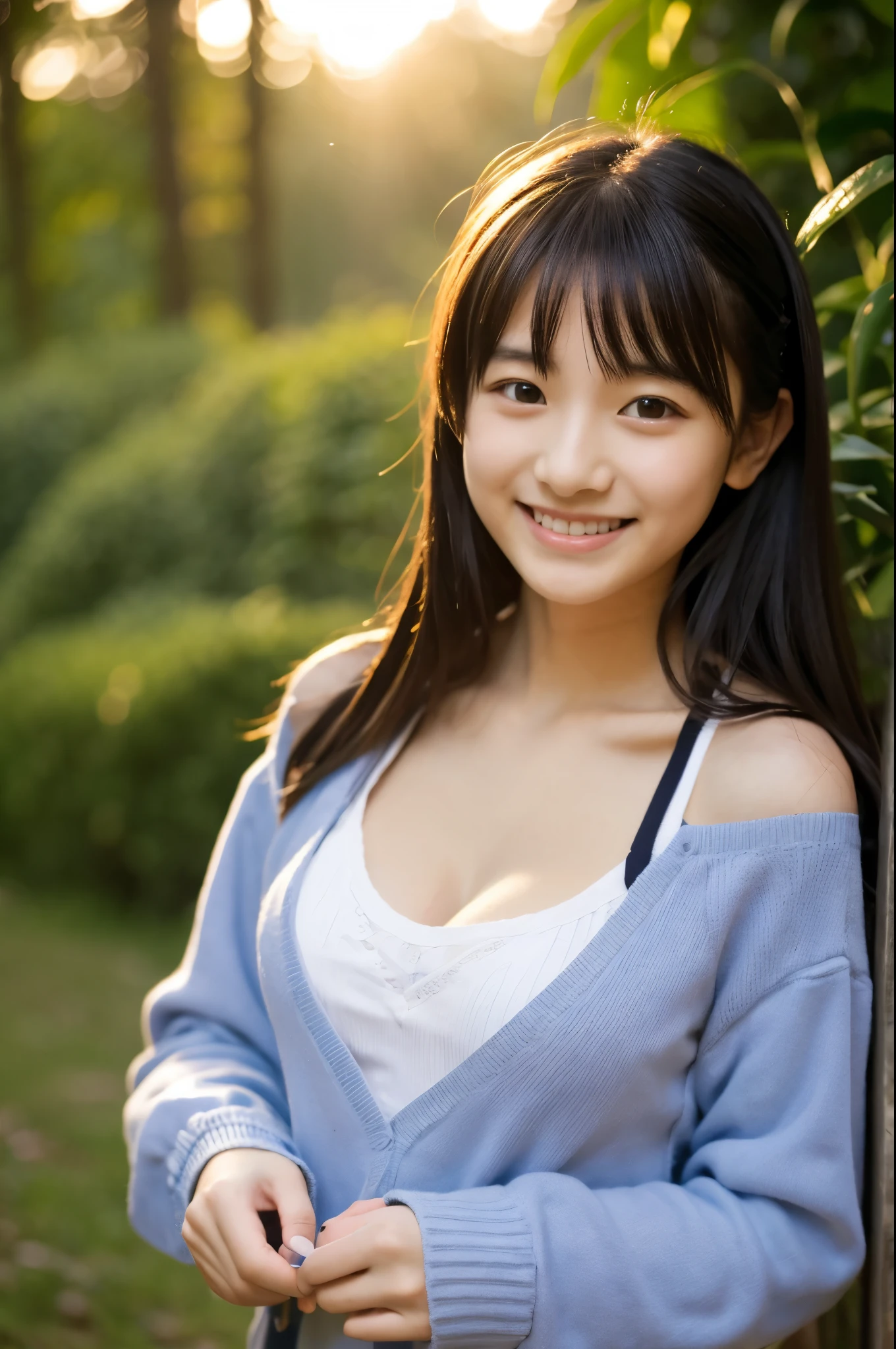 cute, アイドルのようにcute16歳高校生、Smiling Kindly、High school suburban classes、High 、Cleavage、Small breasts、forest、Dim lighting、whole body、RAW Photos、Genuine、Real、Realスティック、Raw photo、High resolution、Life、No copyright notice