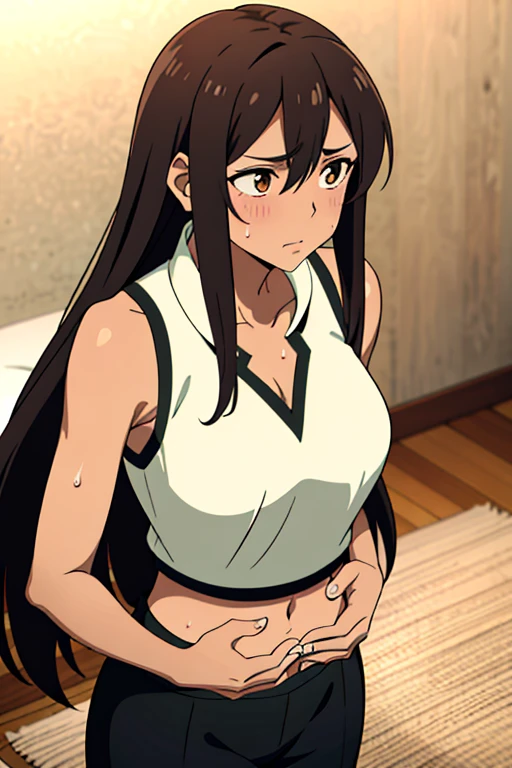 (masterpiece, top quality, best quality), brown skin anime girl wearing a V shaped collared sleeveless shirt and trousers, (her chest showing), famished in hunger, (gently resting hands on stomach), (sweating), (long hair), (hands on her stomach)