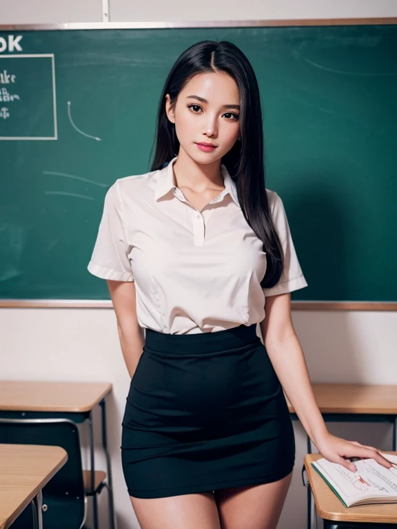 (best quality,4K,8k,high resolution,masterpiece:1.2),Super detailed,(Practical,photoPractical,photo-Practical:1.37),Nezuko Kamado,Sexy teacher,Beautiful and delicate eyes,Beautiful and delicate lips,Long eyelashes,Long black hair,fit,cleveage,Revealing clothes,Short skirt,Suggestive underwear,Confident Posture,Teaching sex education,Classroom environment,blackboard,Books and papers,Students focus on,Expression of involvement and interest,Dedicated and professional teaching,Educational posters on the wall,Bright colors,Studio Lighting,soft warm tones,Warm and welcoming atmosphere