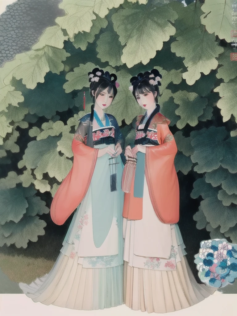 (best quality, masterpiece, Super detailed), (illustration, Detailed lighting), (an extremely delicate and fair), (2 Girls:1.3), fair, Solitary, (fair detailed eyes), Flowering, Hanfu with Chinese style tassels, Dynamic poses, Dynamic Angle, (fair detailed chinese style architecture), Upper Body, (outdoor), badashanren