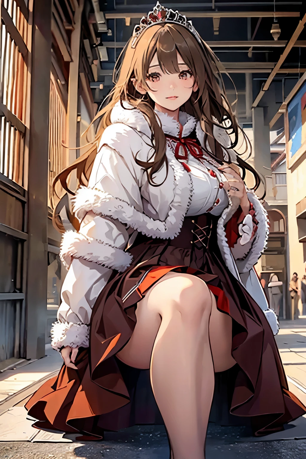 (work of art) master piece, Detailed eyes, detailed lips, innocent smile, long fur jacket in black, a medieval dress in white and red, with a super voluminous skirt, full princess skirt, high collar, which covers the body from neck to toe, covered neck