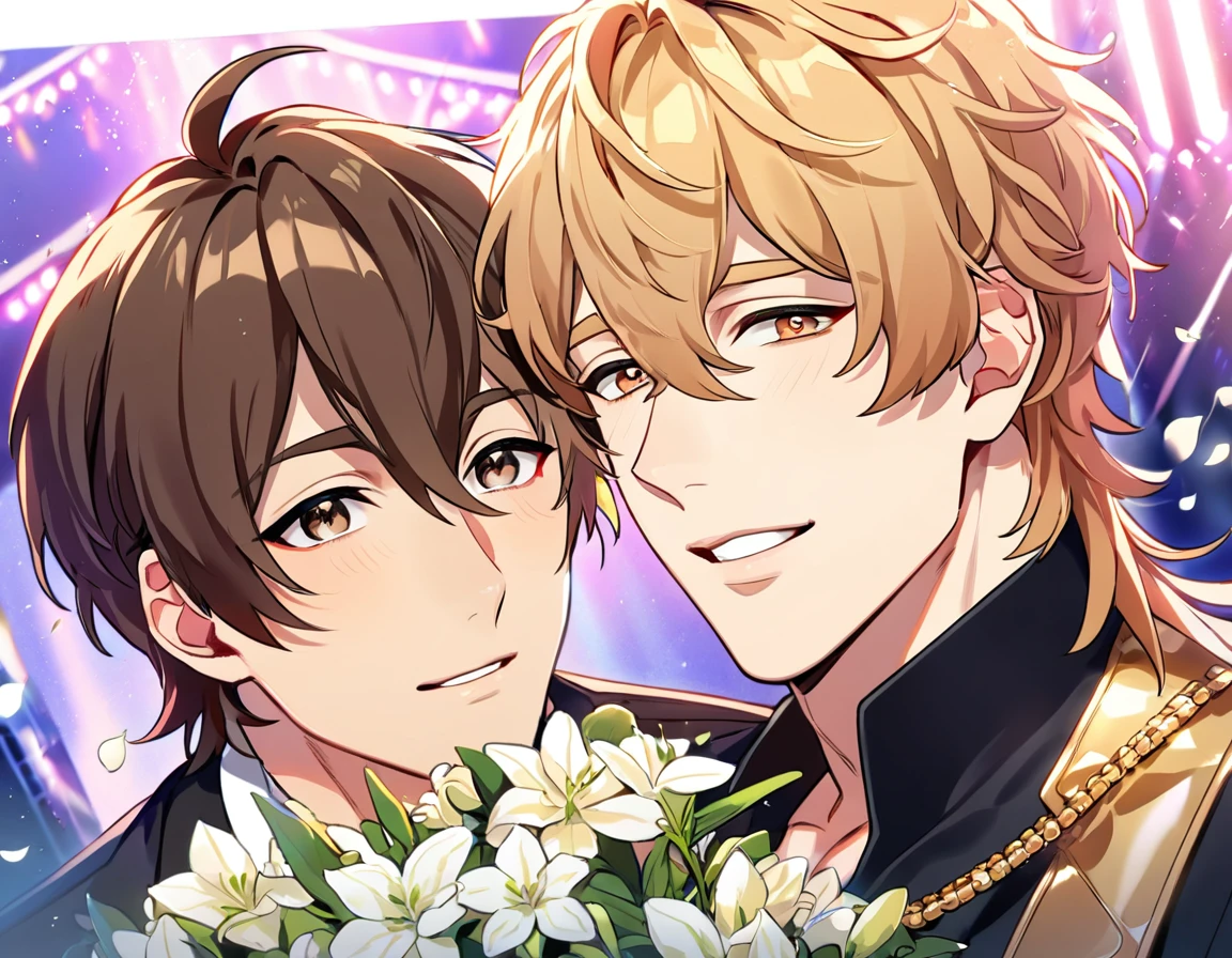 absurdres, highres, ultra detailed, HDR, master piece, best quality, perfect face, beautiful eyes, delicate features, Quincy, blond messy hair, expressive amber eyes, Nu Carnival, Eiden, brown hair, expressive brown eyes, two men together, gay couple, handsome, idols, idol white and black clothes, stage, lights, petals, flowers