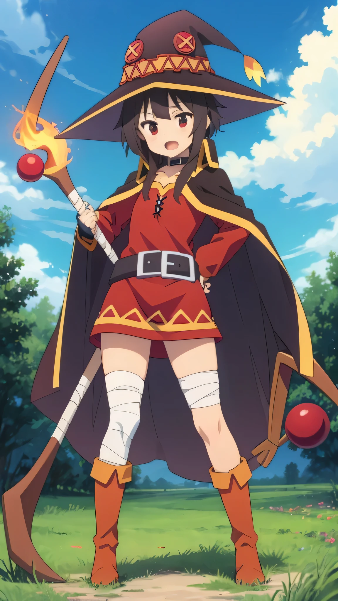 {{{masterpiece}}}, {{{best quality}}}, {{ultra-detailed}}, {illustration}, {{an extremely delicate and beautiful}}, 8k, NSFW, megumin (konosuba), Holding a cane and posing in a cool pose, casting magic, magic, staff, holding staff, bandaged leg, explosion, full body, hat, holding, open mouth, standing, boots, cape,megumin, megumindef, nuclear explosion, flame,solo, mushroom cloud,surrounded by cloud,orange theme,outdoors, outdoors, grass