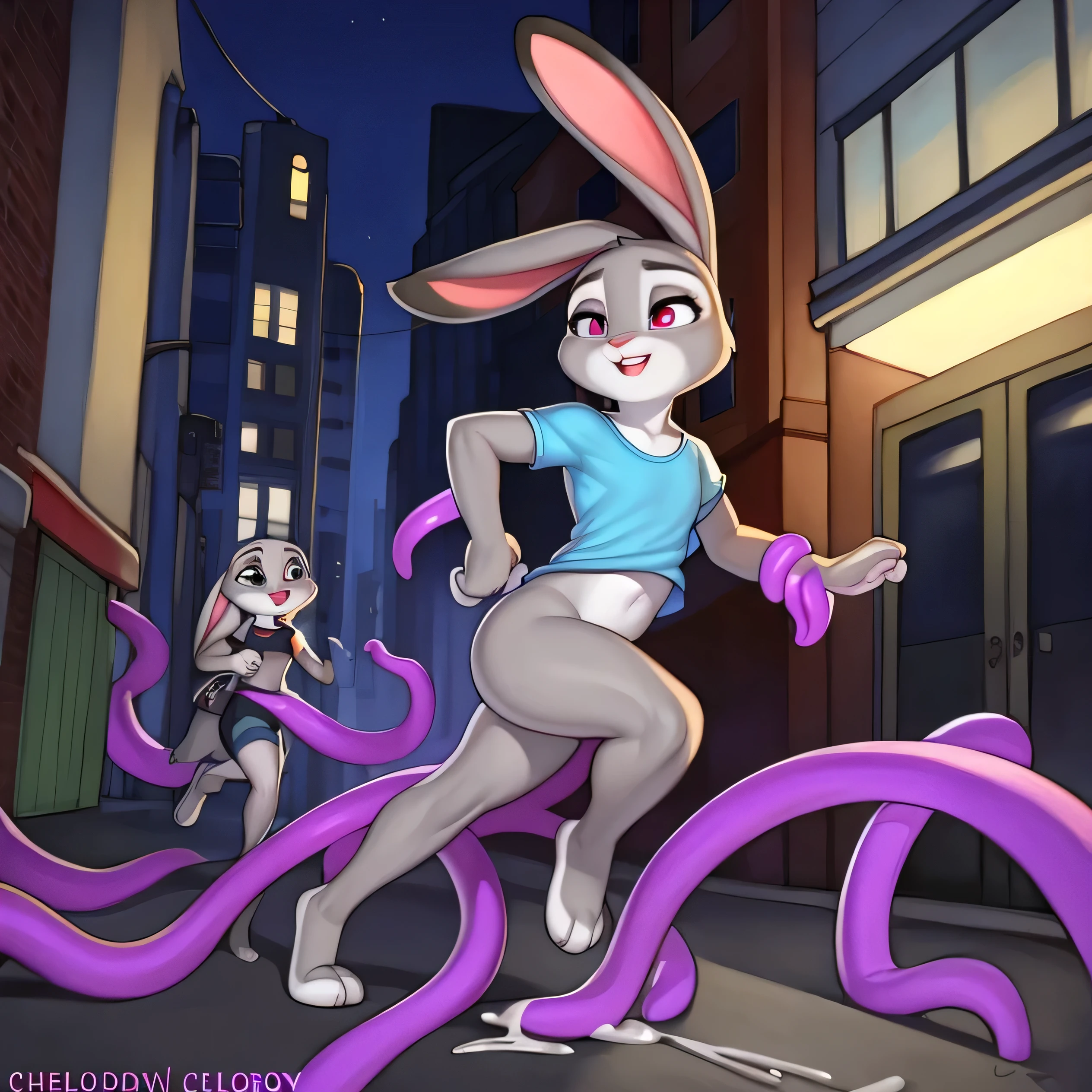 By chelodoy, Judy Hopps, teared t-shirt, bottomless, cum, running from tentacles, on the street, night