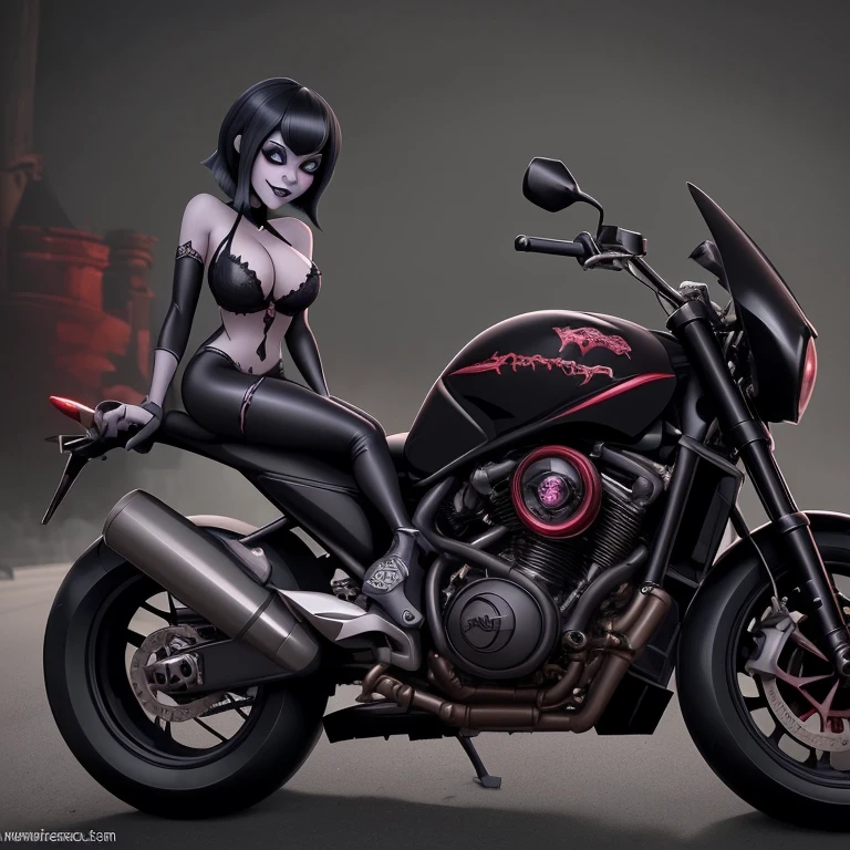 Monster girl sexy busty gothic makeup,  motorcicle,  stunning body fitness, sexy , mavis dracula 