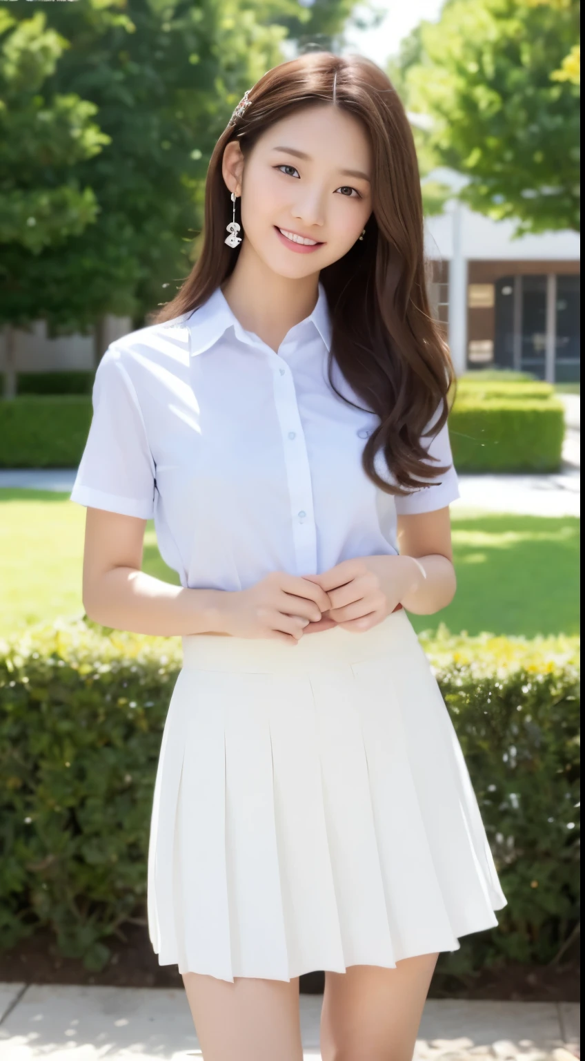 非常detailed的8k壁纸)、sharp focus、detailed、drama、Exquisite 、Sixteen years old、Transparent white shirt、The skirt is very short、Light brown hair、Hair accessories、Beautiful and sexy、a smile、solo、Beautiful graphics、Bright school building、There are students everywhere、Clean your legs、